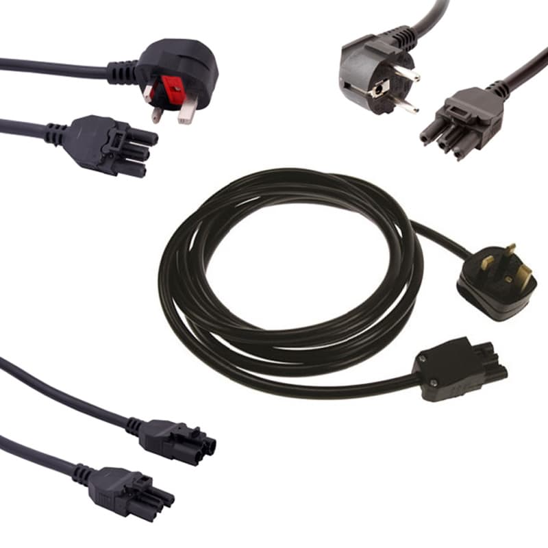 Black 3-meter power lead featuring a 13A plug on one end and a female 3-pole connector on the other, designed for secure electrical connections.