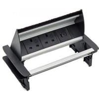 Black and silver in-desk power module with two 5A sockets, dual USB A QC, and USB C PD ports.