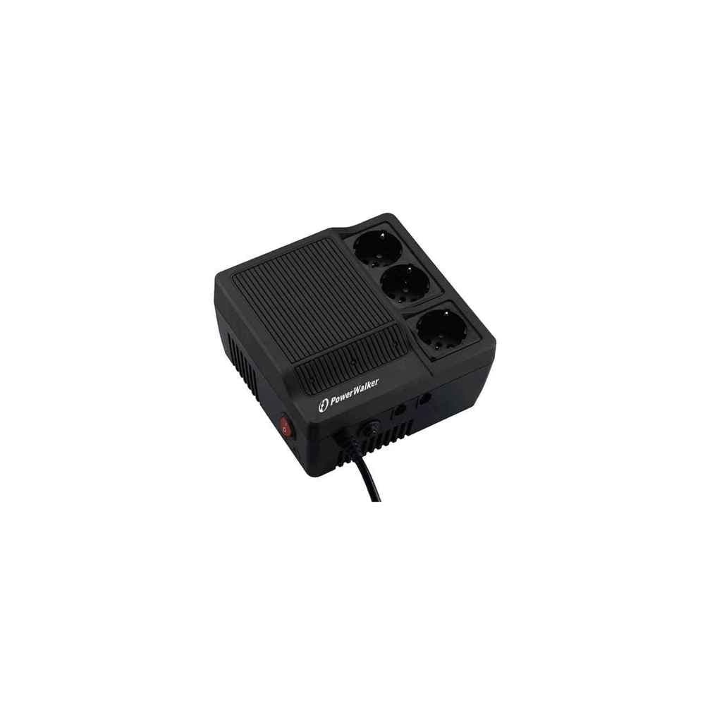 Black PowerWalker AVR 1000 voltage regulator with three AC outlets, featuring a textured top and a red power button on the side, designed for input voltage of 180-264 V.
