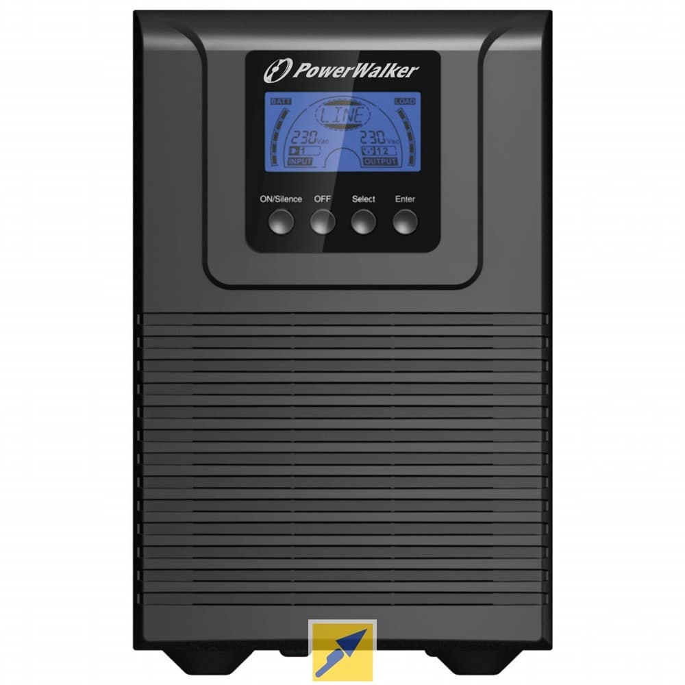 PowerWalker VFI 1000 TG is a black, rectangular double-conversion UPS with a digital display and four AC outlets, featuring buttons for power and settings on the front panel.