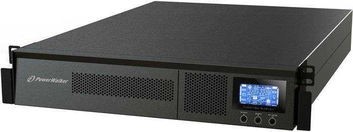 Black metal rack-mounted UPS with a digital LCD display, featuring ventilation grilles, control buttons, and a compact design for efficient power management.
