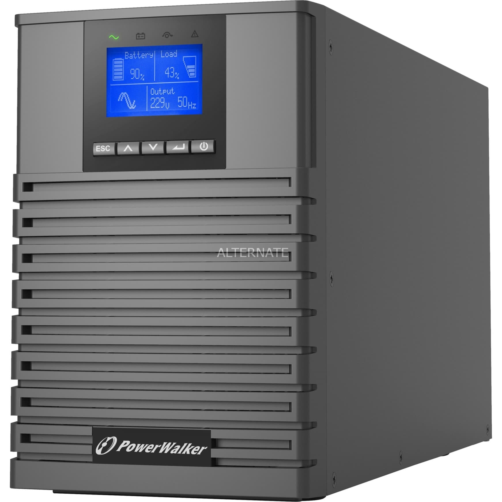 PowerWalker VFI 1500 ICT IoT UPS in a sleek black casing, featuring a digital display with blue backlight, control buttons, and ventilation slits for efficient cooling.