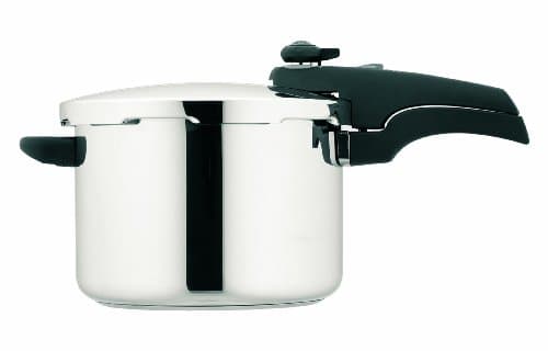 Stainless steel pressure cooker with a sleek silver finish, 6-litre capacity, featuring a black plastic handle and lid knob for easy operation.