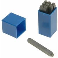 Blue box set of Priory PRI1805 number punches, 3/16 inch, with visible steel punches and open lid.