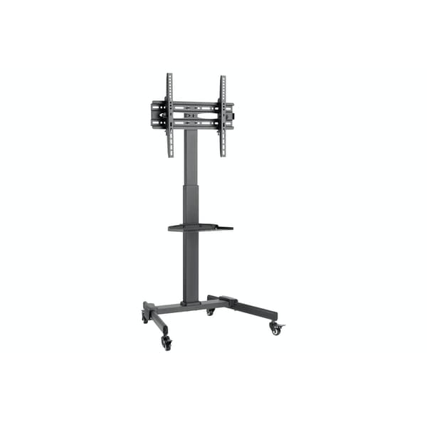 Portable black TV trolley stand for 32"-55" screens, featuring a sturdy metal frame, adjustable height, and a lower shelf for accessories, mounted on rolling casters for easy mobility.