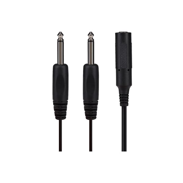 Black ProSound Twin 1/4" 6.3mm 2 pole jack plugs connected to a single 1/4" plug, featuring a textured grip for easy handling and durable construction.