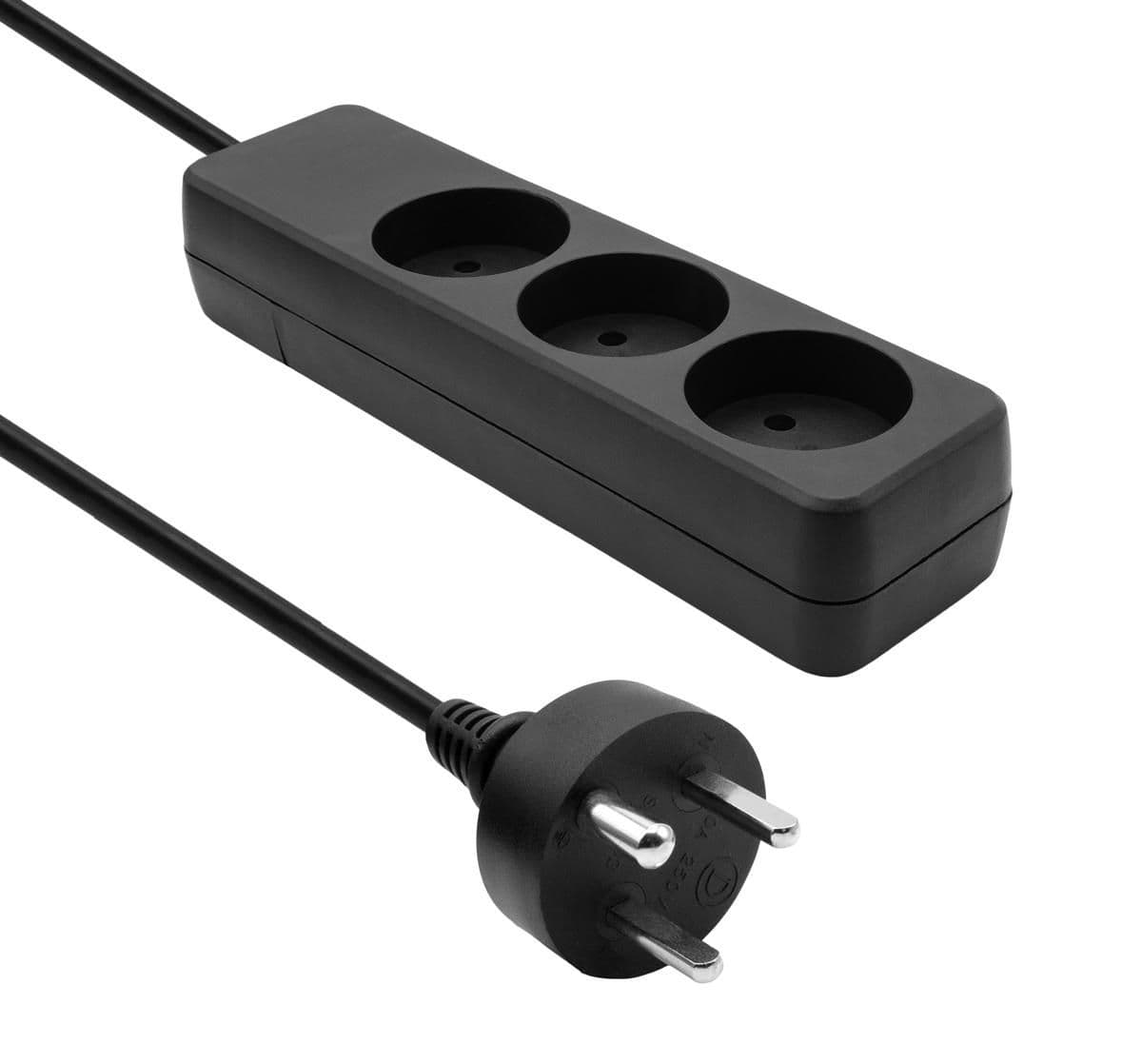 Black three-socket power strip with a 2-meter cord, featuring rounded edges and individual socket openings, designed for Danish electrical standards.