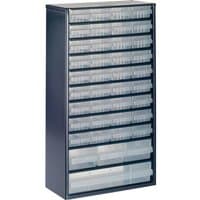 Black Raaco metal cabinet with 40 clear plastic drawers in a vertical arrangement.