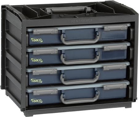 Black plastic storage box with a handle, featuring four blue drawers, each labeled with the Raaco logo, designed for organizing tools or small items.