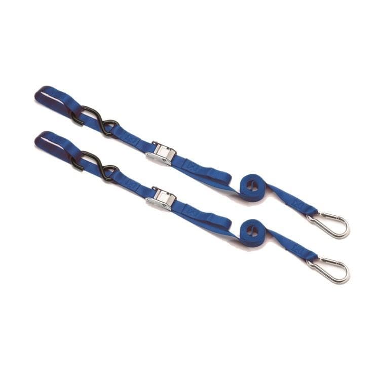 Blue tie down straps featuring extra loop snap hooks, made of durable material with a secure buckle and metal hooks for reliable fastening.