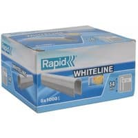 White Rapid 36/14 staples, 14mm depth, box of 1000 x 5, blue packaging with product image and branding.