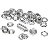 Shiny silver Rapid Aluminium Grommets scattered with cylindrical tool, smooth and reflective finish.