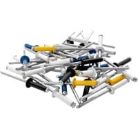 Multicolored Rapid automotive rivets with silver shafts and various colored heads including blue, black, white, and yellow.