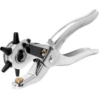 Silver Rapid rotating leather hole punch pliers with black rotating wheel and multiple punch sizes.