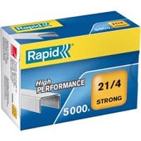 Box of 5000 Rapid Strong 21/4 galvanized staples with blue and yellow packaging, labeled "High Performance."