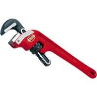 Red Ridgid heavy-duty end pipe wrench with adjustable jaw and textured grip handle.