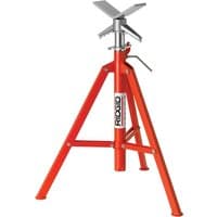 Red Ridgid VF99 adjustable folding pipe stand with tripod base and V-head support.