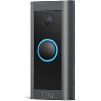 Black Ring Video Doorbell Wired with circular camera lens and illuminated blue ring button.