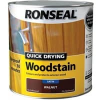 Ronseal Quick Drying Woodstain can, satin teak finish, 750ml, yellow label with wood texture and application image.