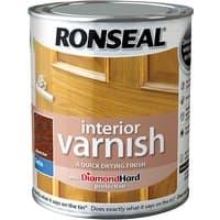 Ronseal Interior Varnish can, Quick Dry Satin Dark Oak, 750ml, with door image and diamond hard protection label.