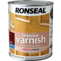 Ronseal Interior Varnish can, quick dry satin teak, 750ml, with door image and Diamond Hard protection label.