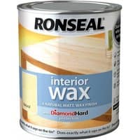 Ronseal Interior Wax Natural 750ml can with blue label and wooden table image, Diamond Hard protection text.