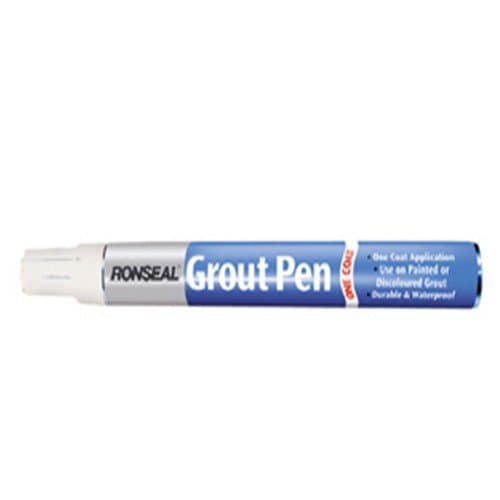 Ronseal Grout Pen in Brilliant White, 15ml, features a fine tip for precise application, designed for one-coat use on faded or discolored grout, durable and waterproof.
