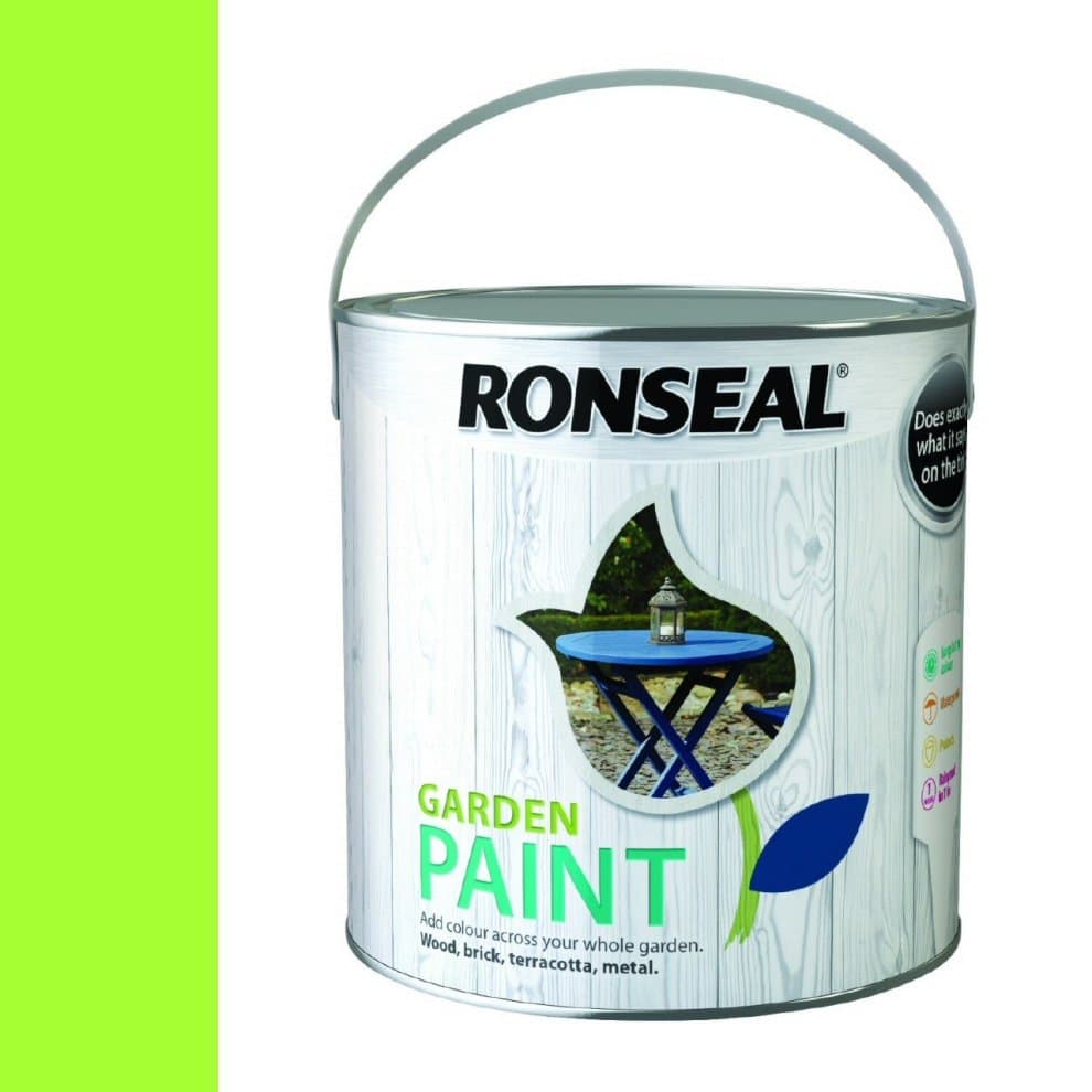 Ronseal Garden Paint in Lime Zest, 750ml, features a metal can with a handle, displaying a wooden texture design and a vibrant green label highlighting its use on wood, brick, and metal.