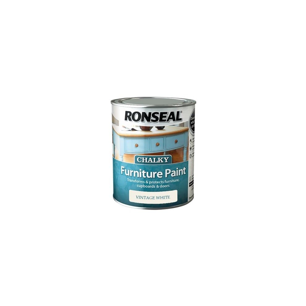 Ronseal Chalky Furniture Paint in Vintage White, 750ml can, features a sleek design with a light blue label and clear branding, ideal for transforming and protecting furniture.