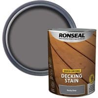 Ronseal Quick Drying Decking Stain, 5L can, Rocky Grey color, with wooden deck image on label.