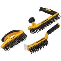 Yellow and black Roughneck 3 Piece Heavy Duty Hand Wire Brush Set with ergonomic handles and sturdy bristles.