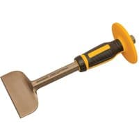 Roughneck Gorilla brick bolster with wide blade, yellow non-slip hand guard, and black ergonomic handle.
