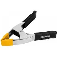 Heavy-duty metal spring clamp with black handles and yellow tips, 75mm (3in) by Roughneck.