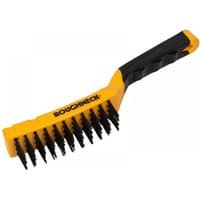 Yellow and black Roughneck wire brush with carbon steel bristles and soft grip handle, 4 rows, 300mm length.