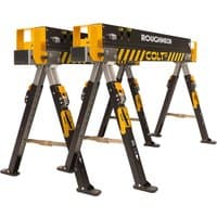 Roughneck Colt 600E Saw Horse Twin Pack, black and yellow metal frame with adjustable legs and safety locks.