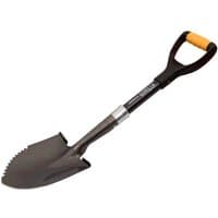 Roughneck Gorilla micro shovel with sharp round blade, black handle, and yellow grip.