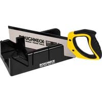 Black mitre box with yellow-handled hardpoint tenon saw, Roughneck branding on both tools.