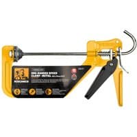 Yellow Roughneck One Handed Metal Jaw Turbo Clamp with black handle and metal bar.