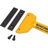 Roughneck Replacement Blades, black with holes, alongside yellow scraper handle and two screws.
