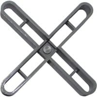 Gray plastic tile spacer in an X shape with hollow rectangular arms, 3/16 inch (5mm) size, by RUBI TILING TOOLS.
