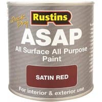 Rustins ASAP red paint 500ml can, labeled "Quick Dry" and "Satin Red," for interior and exterior use.