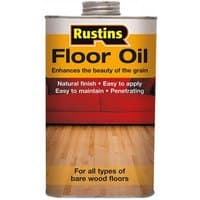 Rustins Floor Oil 5 Litre can with yellow label, red couch image, and wooden floor graphic.