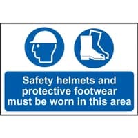 Blue and white safety sign with helmet and boot icons, text: "Safety helmets and protective footwear must be worn."