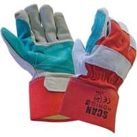 "Scan Heavy Duty Rigger Gloves, red and teal leather with reinforced palms and elastic cuffs"