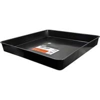 Black Scan plastic drip and leak tray with square shape and raised edges, featuring a label inside.