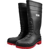Black Scan Safety Wellington Boots with red soles, reinforced shin guards, and textured grip.