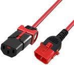 Red and black PVC power cable with C14 and C13 connectors, featuring a D-lock design for secure connection, measuring 0.5 meters in length and 1.0 mm in diameter.