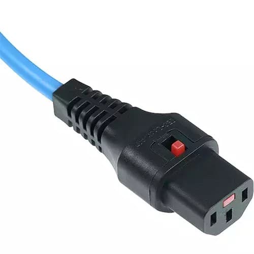 Black C14 connector with a red switch, attached to a blue 1-meter PVC cable, designed for locking into C13 sockets, featuring a 1.0mm wire gauge.