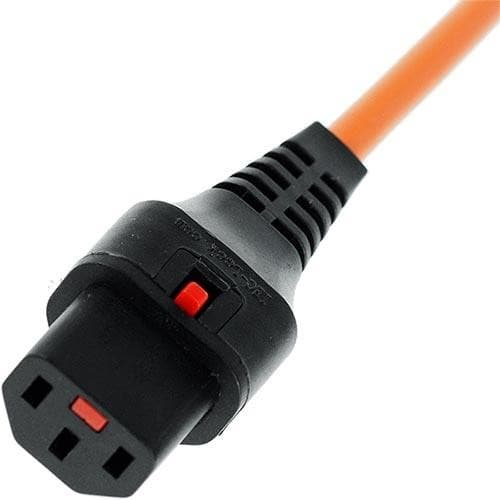 Orange 3-meter power cable featuring a C14 connector with a black housing and red locking mechanism, made of durable PVC material.