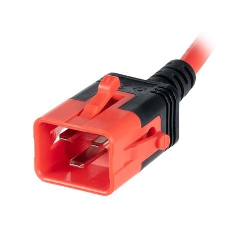 Red and black PVC electrical connector with a rectangular shape, featuring two metal prongs and a locking mechanism, designed for secure connections.
